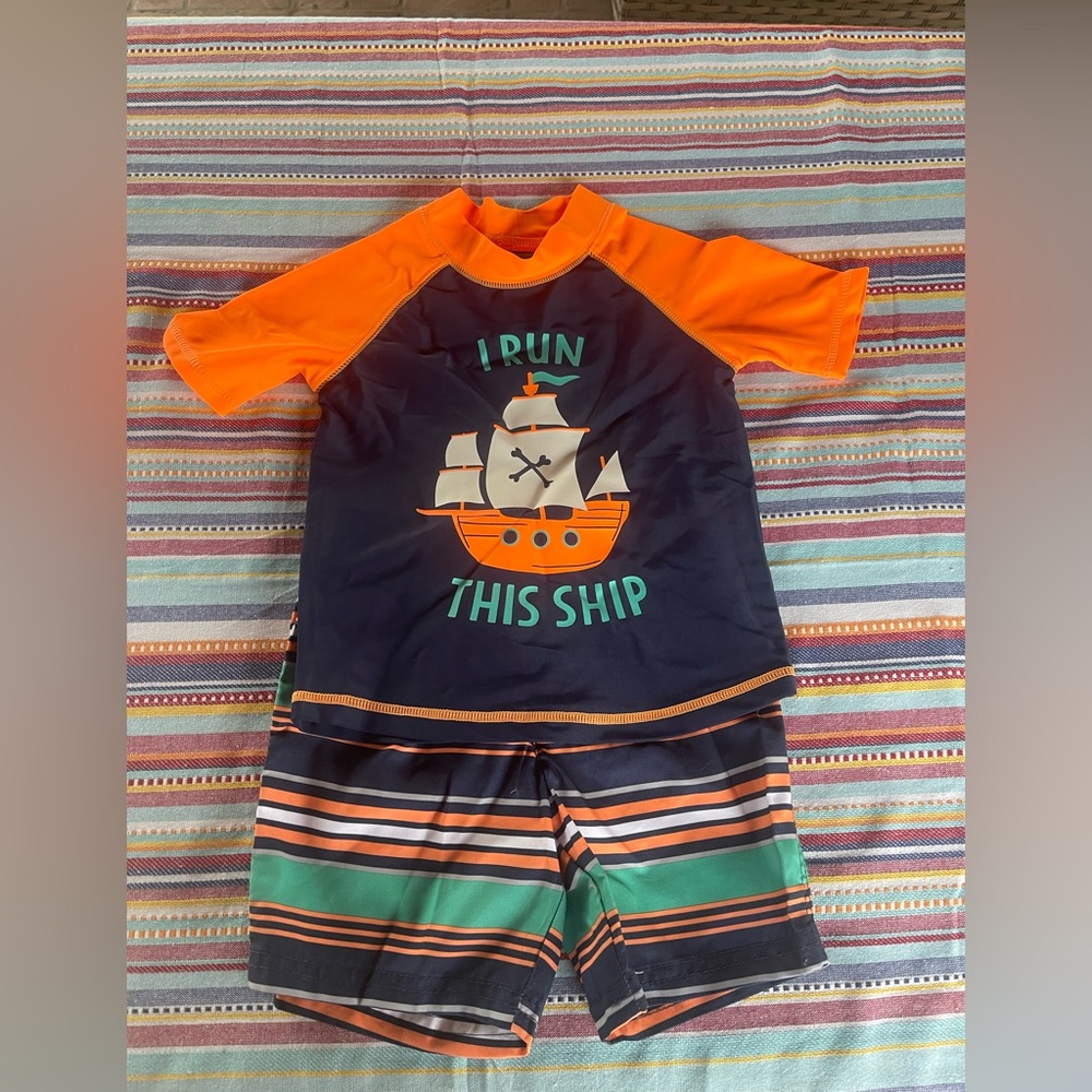 Simple Orange and Blue Rashguard Swim Set, little kid swimwear size 3T